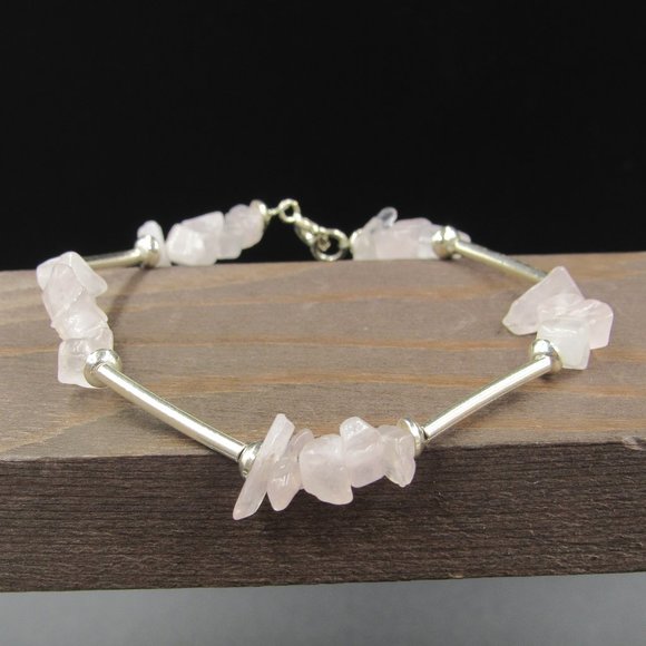 Jewelry - 7" Sterling Silver Simple Rose Quartz Chips Bracelet Vintage